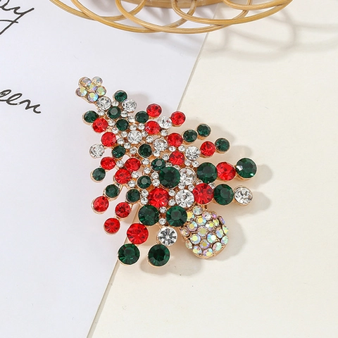 Lussuosa Spilla in Lega d'Oro Albero di Natale Con Strass Rossi Verdi Bianchi Cristallo Colorato per Donna Festa