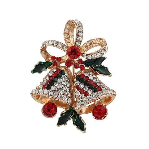 Vintage Broche Cloche de Noël Nœud en Alliage Strass Émail Feuille de Houx Plaqué Or Bijoux Mode Festive pour Femme