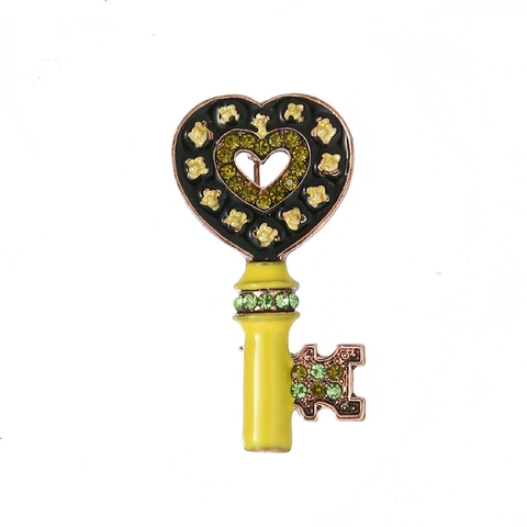 Spilla a Forma di Chiave a Cuore Vintage in Lega di Lusso Smalto Floreale Strass Verdi Gioielli alla Moda da Donna