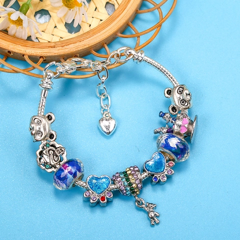 Buntes DIY Charm-Armband Mit Kristall Panda Herz Anhänger Perlen Legierung Schlangenkette Armband Für Damen Kinder Schmuck Geschenk