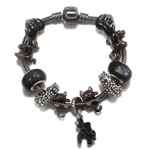 Pulsera con Dijes de Gato Negro DIY para Mujer Aleación Cadena de Serpiente Esmalte Corazón Cuentas de Strass Joyería de Moda Regalo