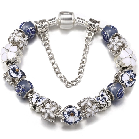 Women DIY Alloy Floral Charm Bracelet Blue Enamel White Daisy Heart Beads Snake Chain Fashion Jewelry Gift