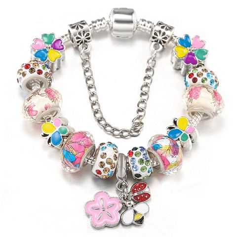 Fashion Alloy Charm Bracelet With Butterfly Bee Ladybug Pendants Pink Floral Glass Beads Snake Chain Jewelry For Women Gift