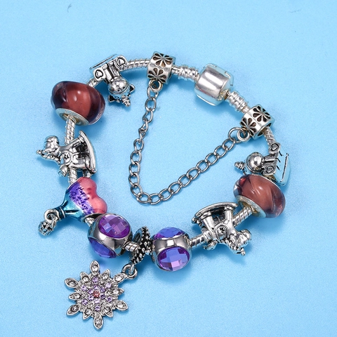 Pulsera De Amuletos DIY Para Mujeres Niñas De Aleación Plateada Cadena De Serpiente Con Colgante De Corazón Happy Birthday Cuentas De Copo De Nieve Joyería Regalo