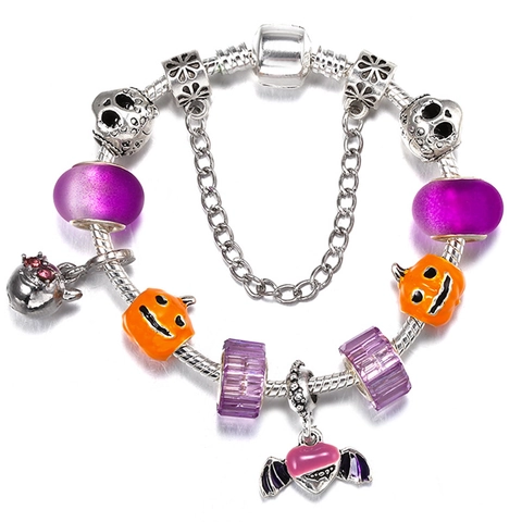 Halloween DIY Kralen Charm Armband Paars Glas Pompoen Schedel Vleermuis Hanger Legering Slangenketting Armband Sieraden Voor Dames