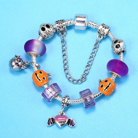 Halloween DIY Kralen Charm Armband Paars Glas Pompoen Schedel Vleermuis Hanger Legering Slangenketting Armband Sieraden Voor Dames