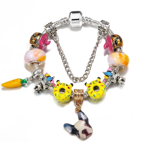 DIY Cartoon Charm Bracelet With Unicorn Donut Heart Pendants Alloy Austrian Crystal Beaded Jewelry For Girls Women