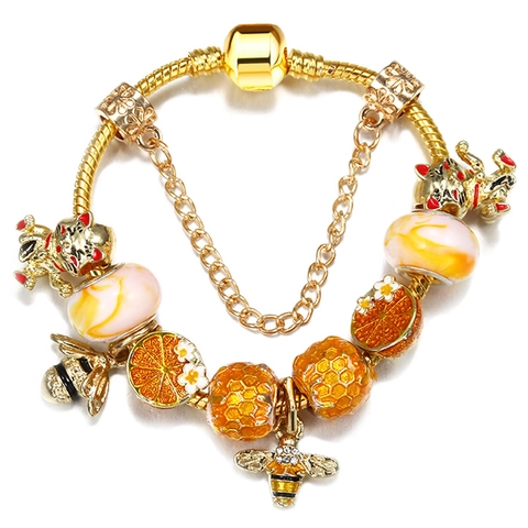 DIY Golden Charm Bracelet For Kids Women With Lucky Cat Bee Orange Slice Pendants Enamel Honeycomb Glazed Glass Beads Snake Chain Jewelry Gift