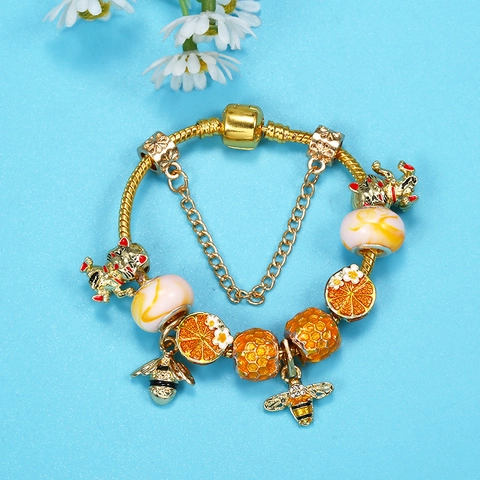 DIY Golden Charm Bracelet For Kids Women With Lucky Cat Bee Orange Slice Pendants Enamel Honeycomb Glazed Glass Beads Snake Chain Jewelry Gift