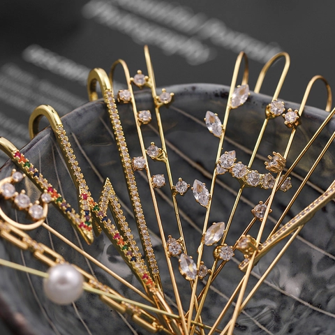 Fashion Alloy Zirconia Lightning Bolt Ear Crawler Earrings For Women Gold Geometric Pearl Inlaid Ear Pins Jewelry Gift