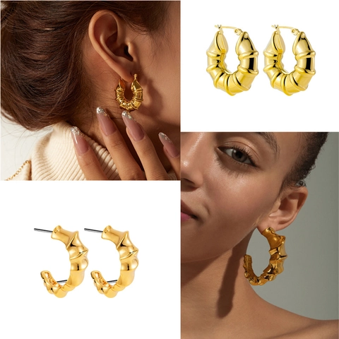 Vintage Stainless Steel Bamboo Joint C Shaped Hoop Earrings For Women Exaggerated Gold Spiral Twist Earrings Fashion Jewelry