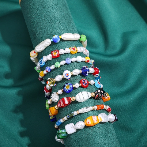 Pulsera Bohemia Y2K Hecha a Mano de Cuentas de Vidrio Millefiori Coloridas Con Perla Barroca Artificial para Mujer Joyería