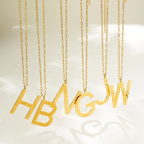 Hammered Texture Gold Stainless Steel Initial Letter Pendant Necklace Hip Hop Bold Statement Jewelry For Men Women