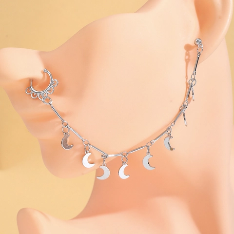 Chaîne de Nez à l'Oreille en Alliage Punk Boucles d'Oreilles à Gland Long Pendentif Lune avec Perles en Verre Colorées Bijoux