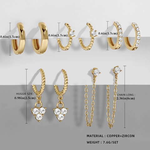 Fashion Gold Color Alloy Zirconia Hoop Earrings For Women Exquisite C-Shaped Rhinestone Stud Chain Earrings Jewelry Gift