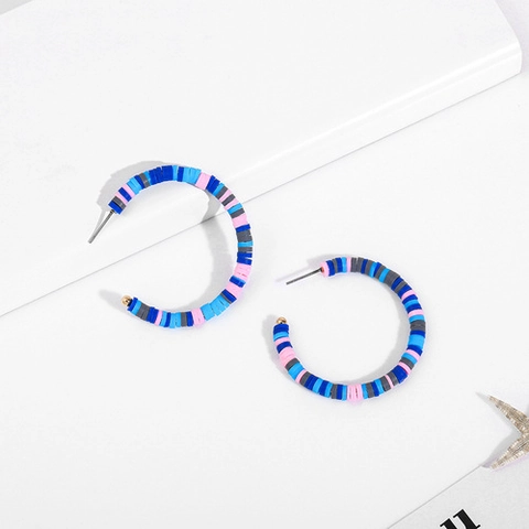 Bohemian Polymer Clay Hoop Earrings For Women Colorful Rainbow Handmade Heishi Bead Statement Earrings Summer Beach Vacation Jewelry