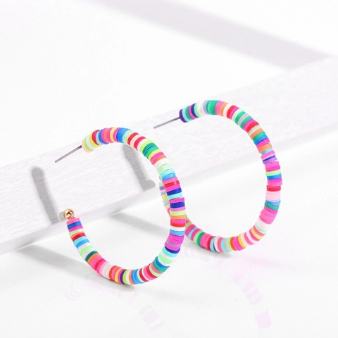 Bohemian Polymer Clay Hoop Earrings For Women Colorful Rainbow Handmade Heishi Bead Statement Earrings Summer Beach Vacation Jewelry