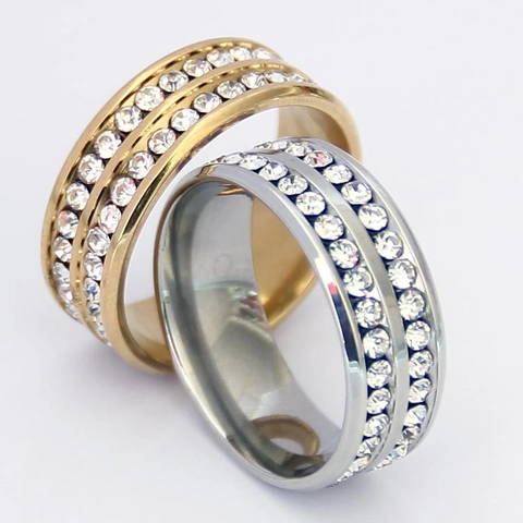 Anillo de Lujo de Acero Inoxidable con Doble Fila de Strass para Mujer Moda Tono Oro Plata Alianza de Diamantes Joyería
