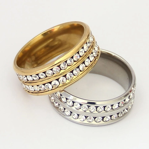 Anillo de Lujo de Acero Inoxidable con Doble Fila de Strass para Mujer Moda Tono Oro Plata Alianza de Diamantes Joyería