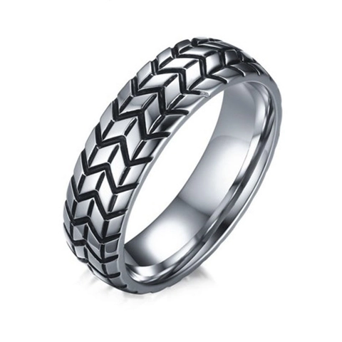 Hip Hop Stainless Steel Tire Tread Ring For Men Geometric V Shape Pattern Punk Band Ring Industrial Style Jewelry