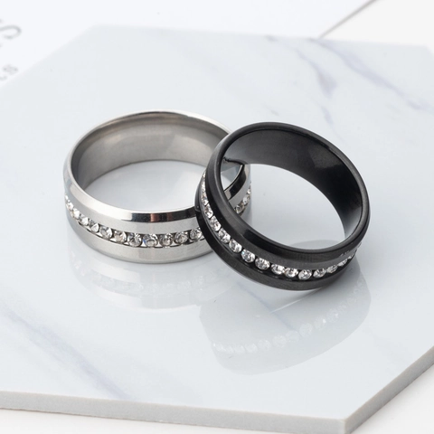 Unisex Stainless Steel Full Zirconia Inlaid Finger Ring Black Silver Plated Matte Finish Minimalist Trendy Jewelry Gift