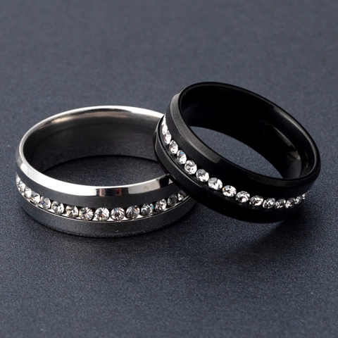 Unisex Stainless Steel Full Zirconia Inlaid Finger Ring Black Silver Plated Matte Finish Minimalist Trendy Jewelry Gift