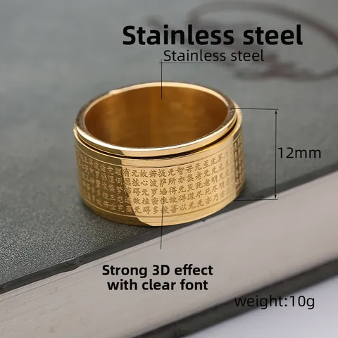 Stainless Steel Spinner Ring Buddhist Heart Sutra Engraved Religious Rotating Band For Men Women Vintage Gold Silver Jewelry Stress Relief Ring