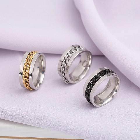 Unisex Stainless Steel Rotatable Chain Ring Stress Relief Hip Hop Punk Style Finger Ring Jewelry For Men Women Daily Party Accessory