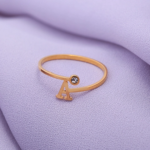 Stainless Steel Initial Letter Open Ring For Women Minimalist Adjustable A-Z Alphabet Rhinestone Inlaid Fashion Jewelry Finger Ring Accessory