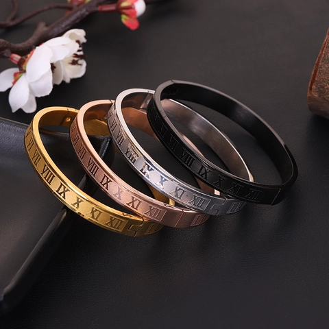 Minimalist Stainless Steel Roman Numeral Bangle For Women Men Electroplated Polished Fashion Jewelry Engraved Bracelet