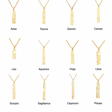 Stainless Steel 18K Gold Plated Vertical Zodiac Constellation Alphabet Pendant Necklace Simple Fashion Jewelry Gift for Women Men