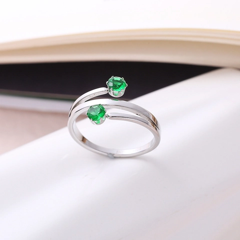 Stainless Steel Green Rhinestone Bypass Open Ring For Women Personalized Adjustable Fashion Inlaid Hand Jewelry Gift