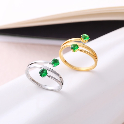 Stainless Steel Green Rhinestone Bypass Open Ring For Women Personalized Adjustable Fashion Inlaid Hand Jewelry Gift