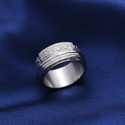 Stainless Steel Spinner Ring For Anxiety Relief Wide Band Floral Leaf Engraved Rotating Ring Unisex Fashion Jewelry Finger Ring