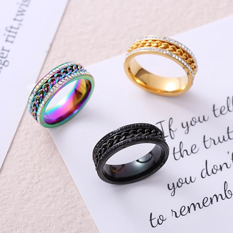 Rotatable Chain Stainless Steel Ring For Men Women Double Row Zirconia Inlaid Punk Hip Hop Spinner Rings Fashion Jewelry