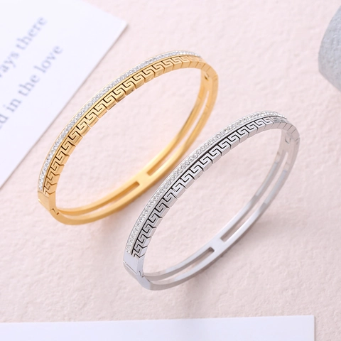 Stainless Steel Meander Pattern Bangle For Women Rhinestone Inlaid Geometric Hollow Open Bracelet Fashion Jewelry Gift
