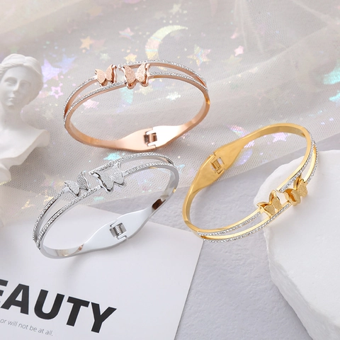 Frosted Double Butterfly Stainless Steel Open Cuff Bangle With Zirconia Simple Fashion Jewelry For Women Stylish Gift