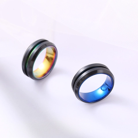 Minimalist Stainless Steel Frosted Grooved Ring For Men Women 8mm Black With Rainbow Blue Interior Fashion Geometric Ring Jewelry Gift