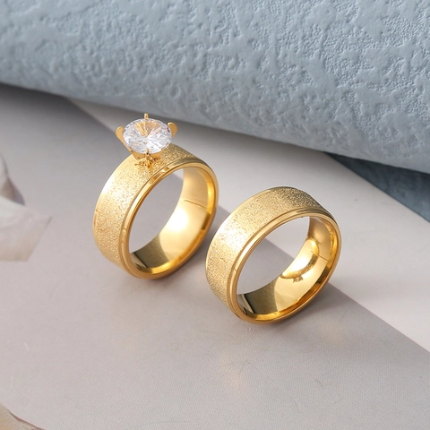 Modern Stainless Steel Frosted Ring Gold Plated Zirconia Inlaid Couple Ring Jewelry Gift For Men Women Wedding Jewelry
