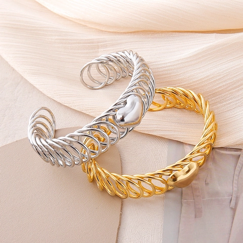 Fashion Stainless Steel Heart Open Bangle Minimalist Woven Wire Coil Cuff Bracelet For Women Jewelry Gold Silver Plated