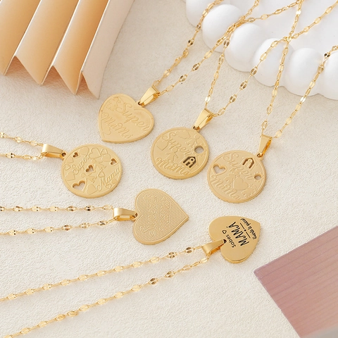 Stainless Steel Super Mama Heart Round Pendant Necklace For Women Mother Day Gift Engraved Spanish Jewelry