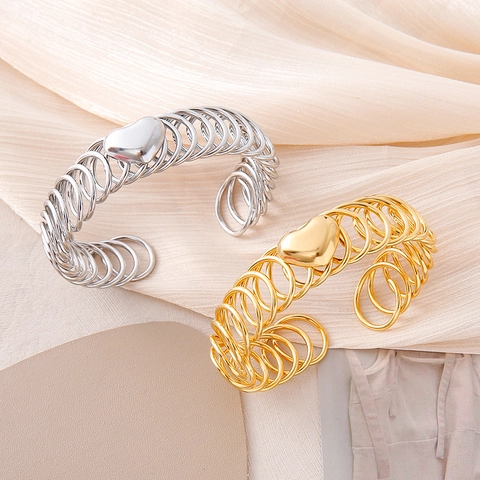 Fashion Stainless Steel Heart Open Bangle Minimalist Woven Wire Coil Cuff Bracelet For Women Jewelry Gold Silver Plated