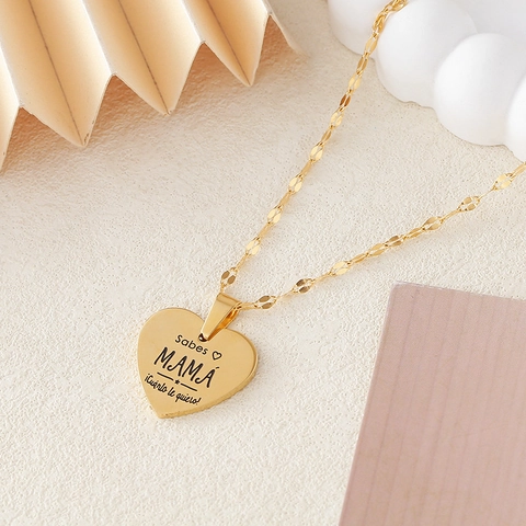 Stainless Steel Super Mama Heart Round Pendant Necklace For Women Mother Day Gift Engraved Spanish Jewelry