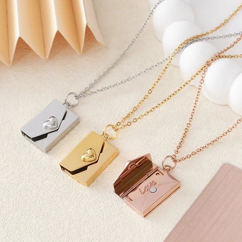 Minimalist Stainless Steel Heart Envelope Pendant Necklace Gold Rose Gold Silver Secret Love Message Engraved Necklace For Women