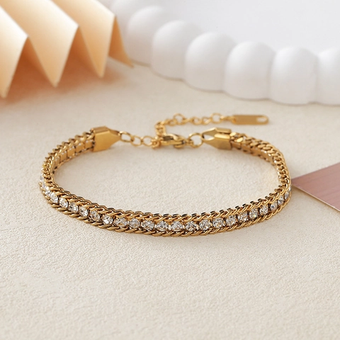 Stainless Steel Rhinestone Tennis Bracelet For Women Adjustable Luxury Full Drill Geometric Chain Elegant Jewelry Gift