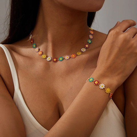 Bohemian Bunte Emaille Gänseblümchen Blume Halskette Und Armband Titanstahl Sonnenblume Herz Stern Anhänger Schmuck Damen