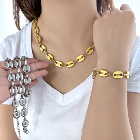 Stainless Steel Coffee Bean Chain Necklace And Bracelet Pig Nose Marina Link Hip Hop Jewelry For Men Women Gold Silver
