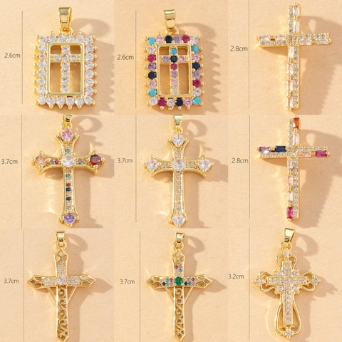 Kupfer Zirkonia Kreuz Anhänger Vergoldet Bunte Eingelegte Kreuz Charms Für DIY Halsketten Schmuck Für Damen