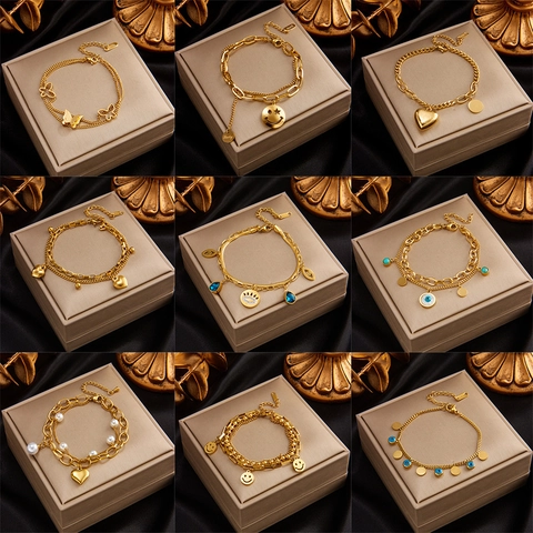 Bracelet Multicouche en Acier Inoxydable Pendentif Cœur Papillon Mauvais Œil Visage Souriant pour Femme Bijoux en Or