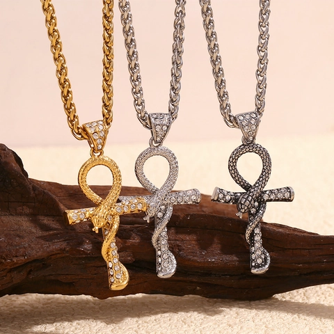 Snake Ankh Cross Pendant Necklace Stainless Steel 18K Gold Plated Rhinestone Hip Hop Egyptian Jewelry Men